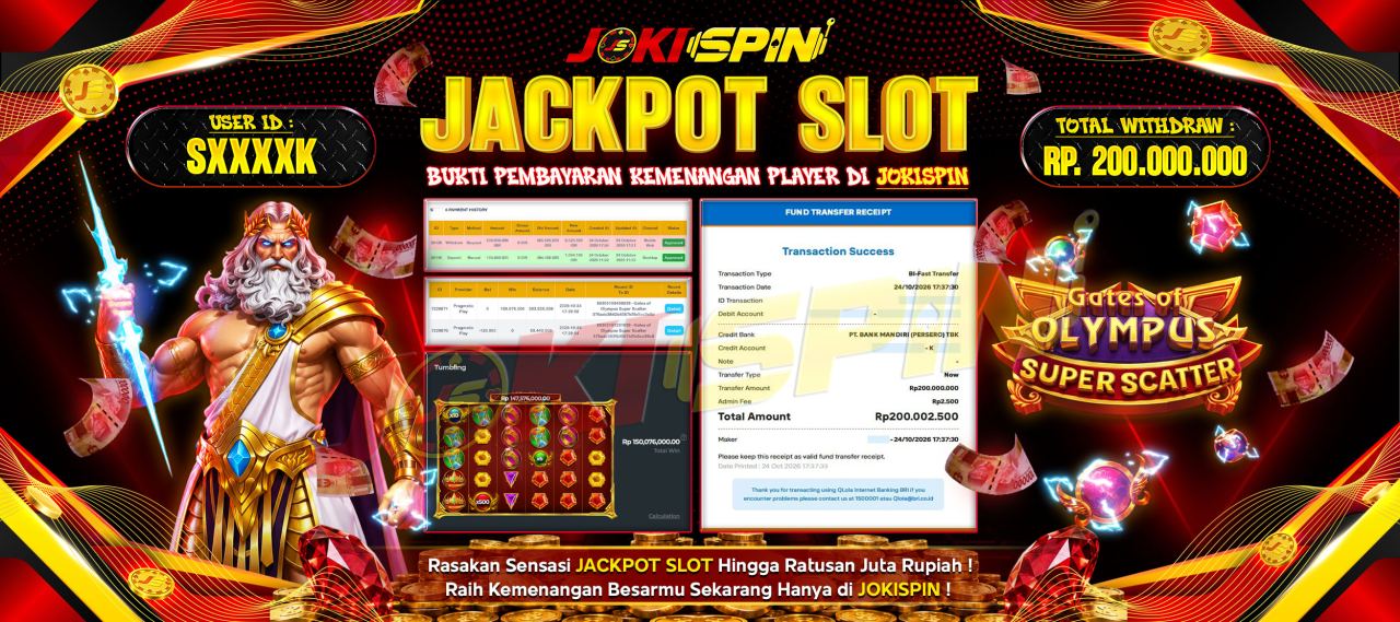 JOKISPIN JACKPOT SLOT GATES OF OLYMPUS SUPER SCATTER Rp.200,000,000,-